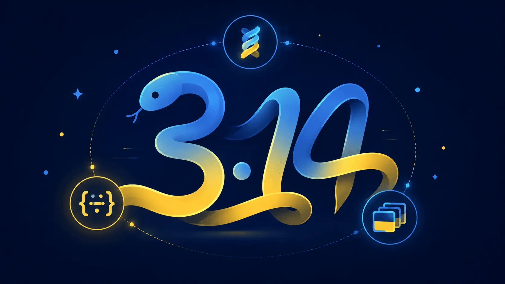 Python 3.14 logo with release highlights icons for free-threading and template strings
