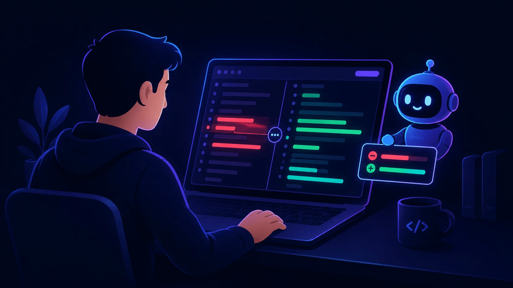 developer reviewing AI agent diff output on laptop screen